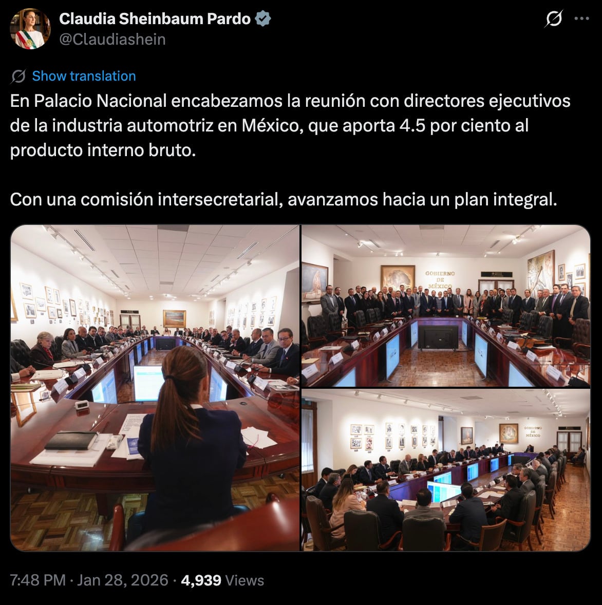Sheinbaum encabeza reunión con la industria automotriz para impulsar el Plan México