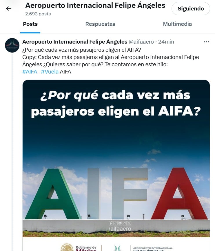Becario del AIFA publica mensaje con error en la cuenta oficial