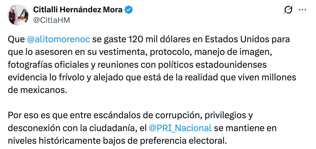 Citlalli Hernández critica a Alito Moreno por excesivos gastos en viajes a Estados Unidos