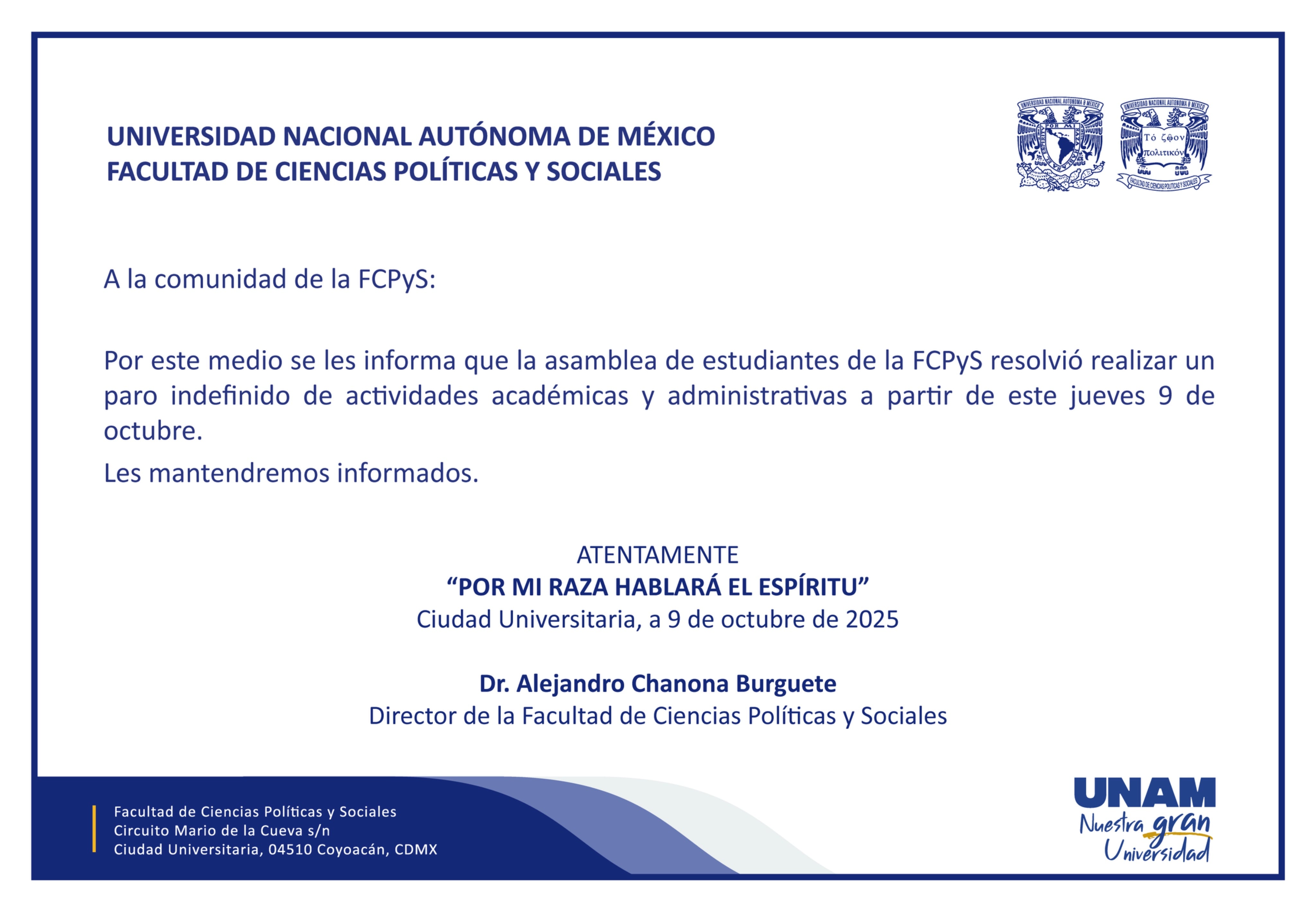 Facultad de Ciencias Políticas y Sociales acuerda paro indefinido desde el 9 de octubre
