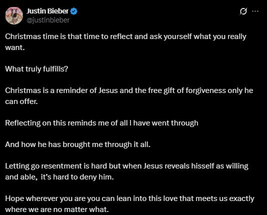 Justin Bieber se sincera sobre un año difícil en su mensaje de Navidad