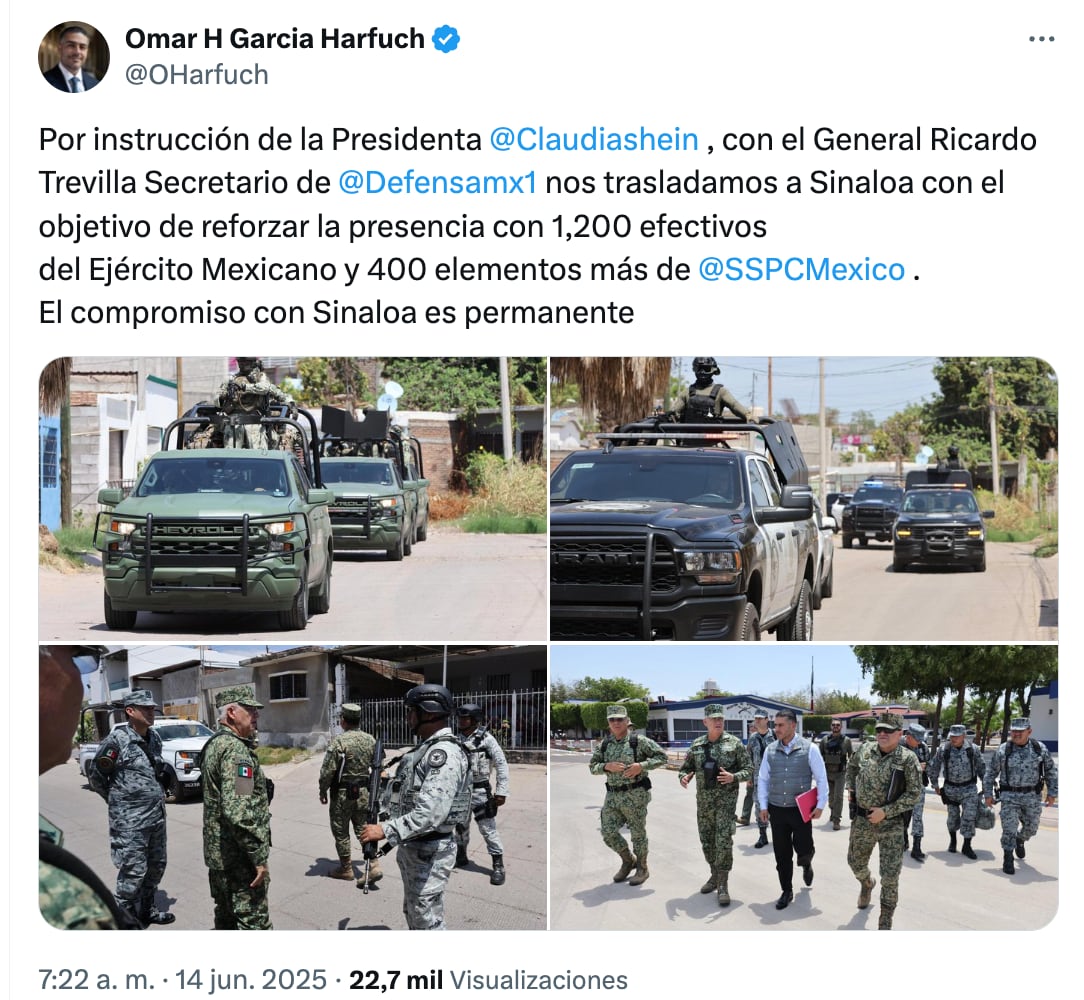 Omar García Harfuch anuncia regreso a Sinaloa por orden de Claudia Sheinbaum