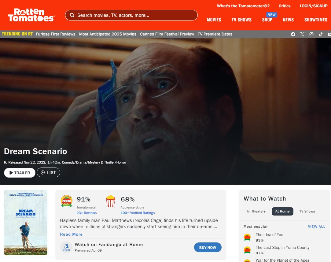 Calificación en Rotten Tomatoes de El hombre de los sueños, con Nicolas Cage