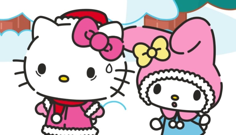 Hello Kitty y sus amigos juegan en la nieve por el invierno