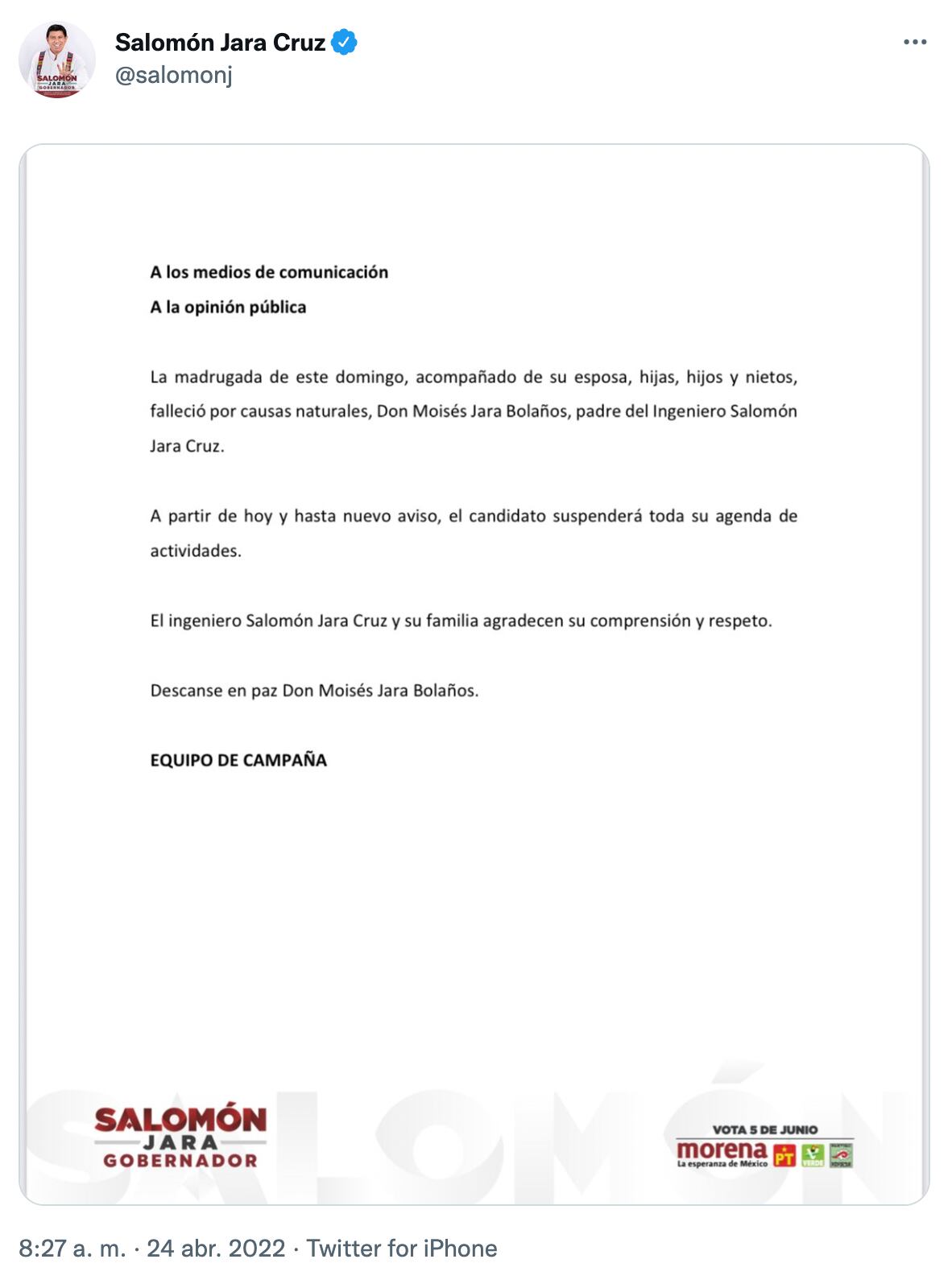 Comunicado de Salomón Jara Cruz