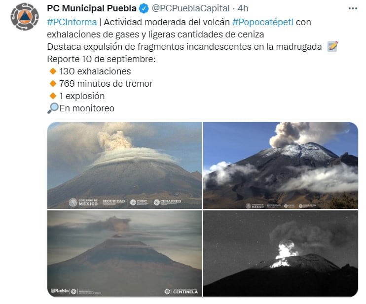 Volcán Popocatépetl registra intensa actividad
