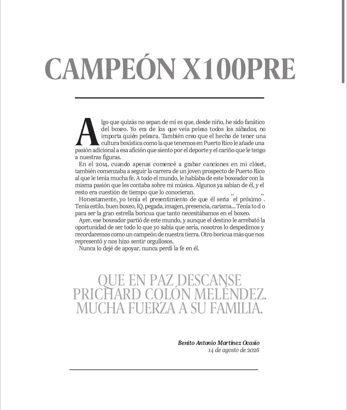 Carta de despedida de Bad Bunny a Prichard Colón