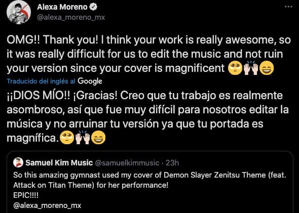 Alexa Moreno recibió un mensaje de Samuel Kim Music
