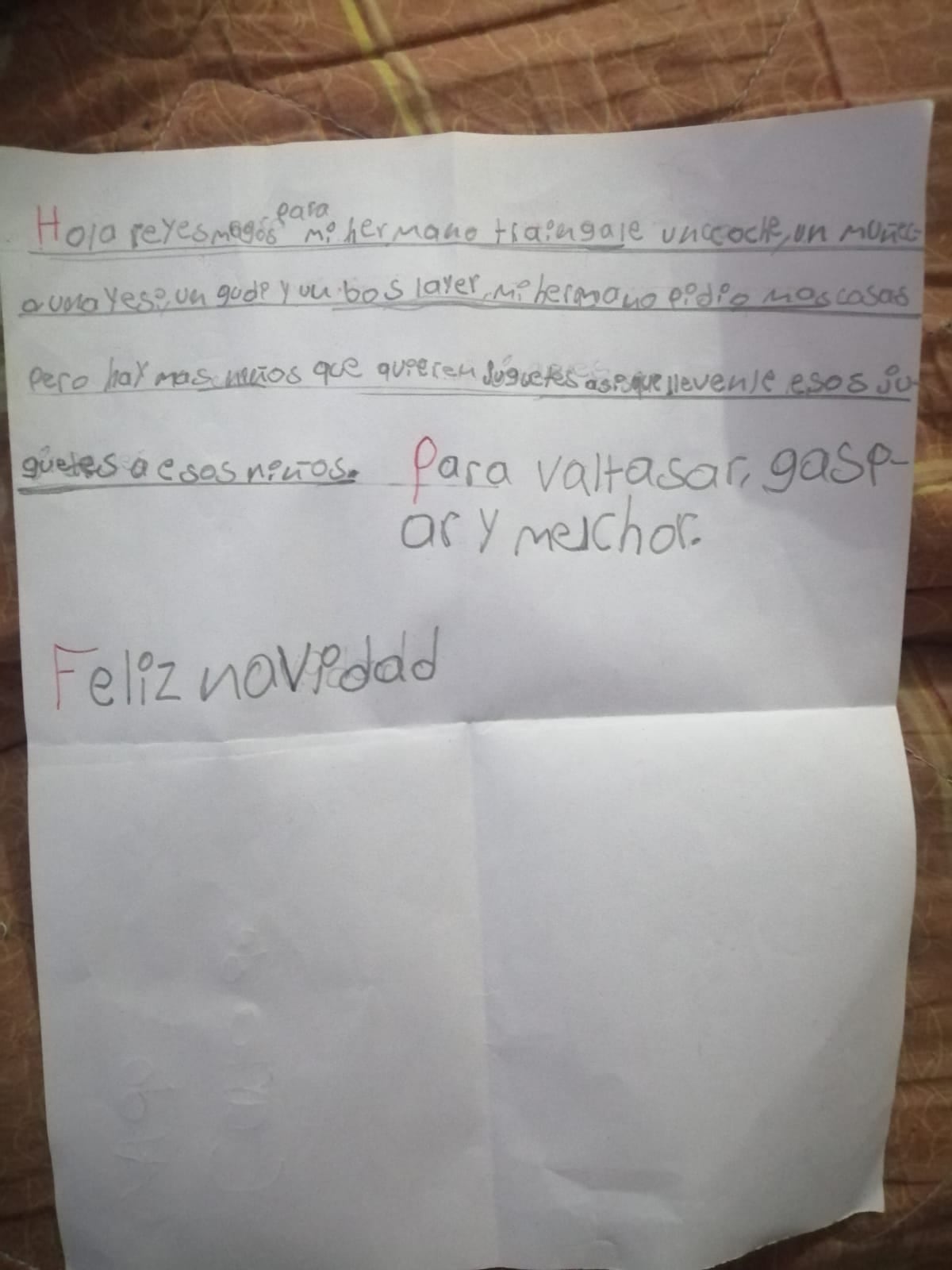 Carta a los Reyes Magos pide juguetes para otros niños