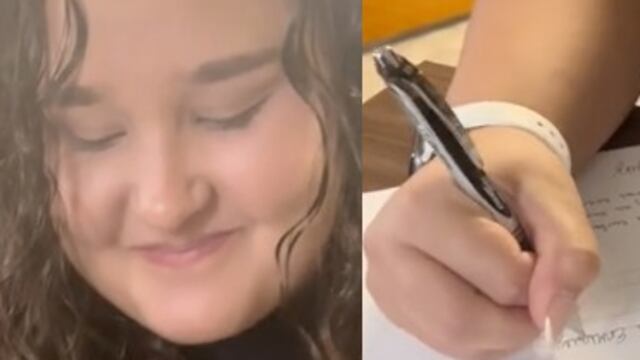 Hija firmando contrato para pagar renta