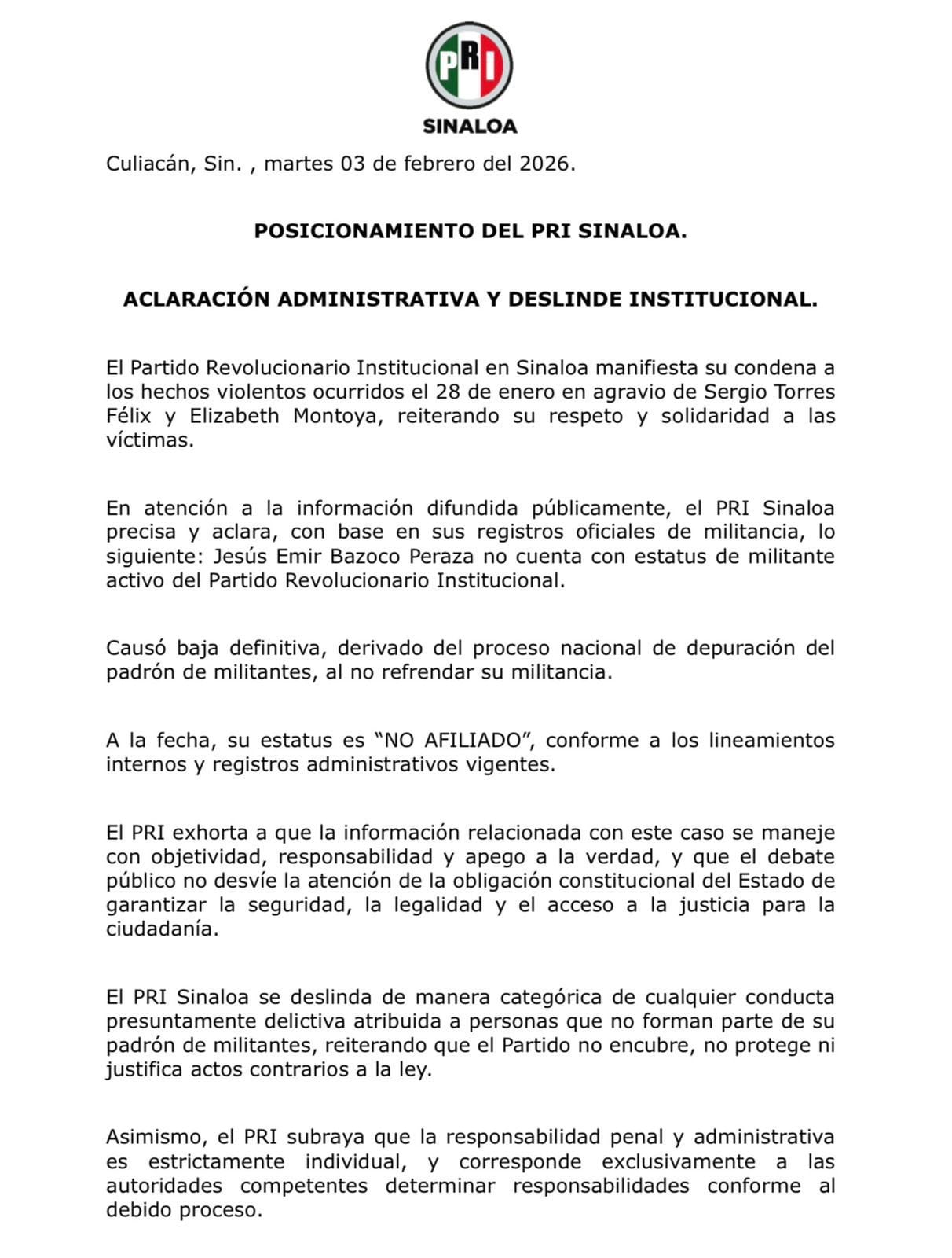 PRI Sinaloa niega militancia de Jesús Emir Bazoco Peraza tras ataque a diputados de MC