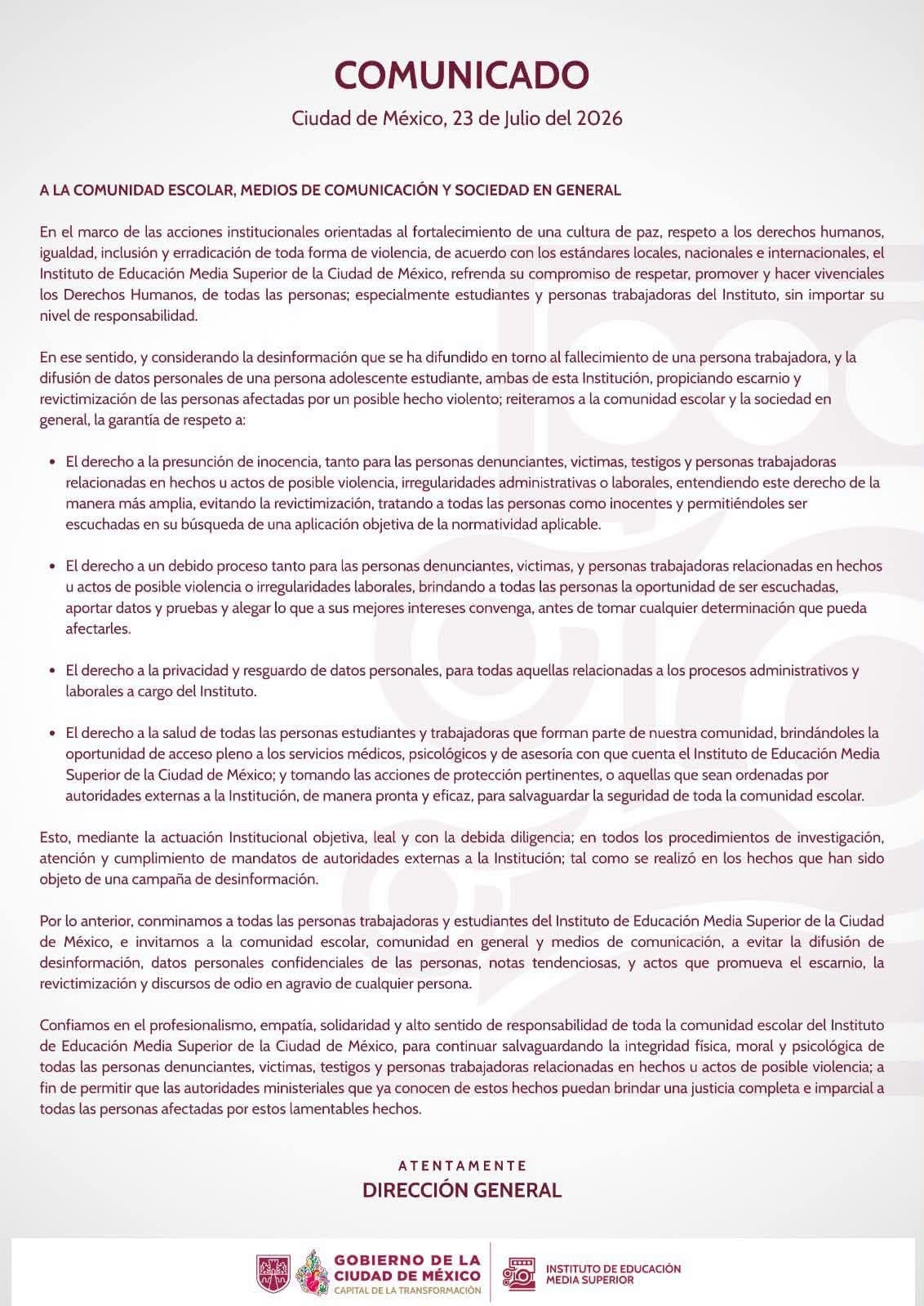 IEMS CDMX fija postura ante muerte profesor tras denuncia por presunto abuso sexual