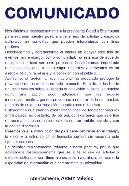 ARMY México pide que BTS no sea utilizado con fines políticos