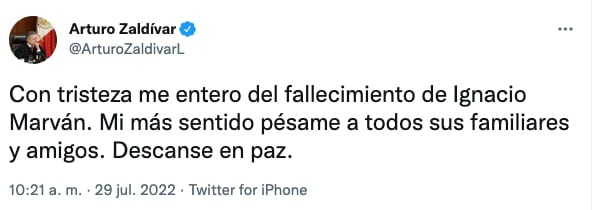Arturo Zaldívar lamenta muerte de Ignacio Marván Laborde