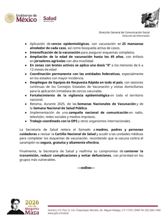 Secretaría de Salud asegura que hay suficientes dosis para combatir brote de sarampión