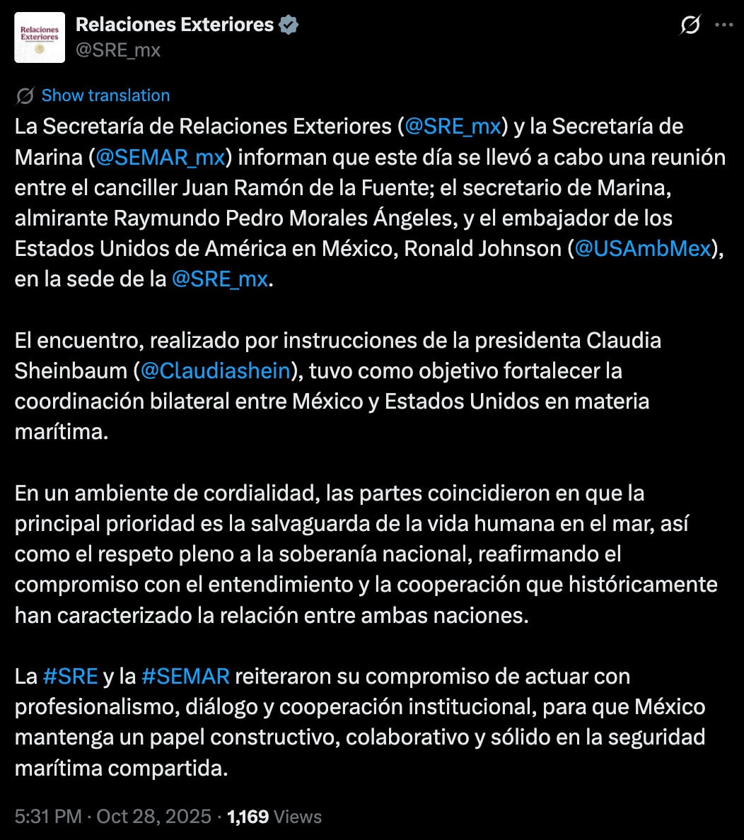 SRE sobre reunión entre Juan Ramón de la Fuente y Ronald Johnson.