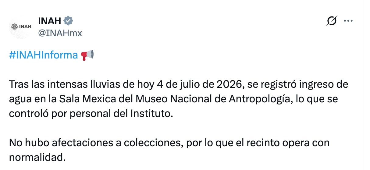 INAH descarta daños en el Museo Nacional de Antropología tras lluvias en CDMX