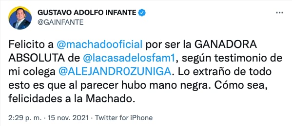 Tuit sobre Alicia Machado en 'La Casa de los Famosos'