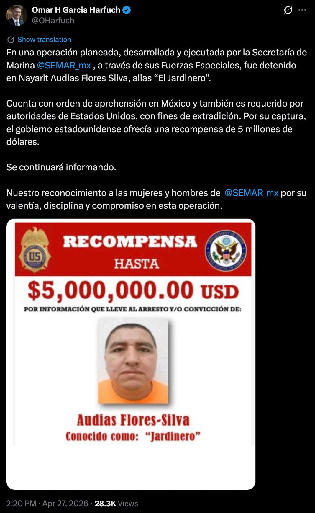 Harfuch confirma captura de Audias Flores “El Jardinero”