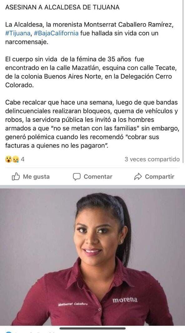 Fake News de muerte de Monserrat Caballero, alcaldesa de Tijuana/captura de pantalla de redes sociales