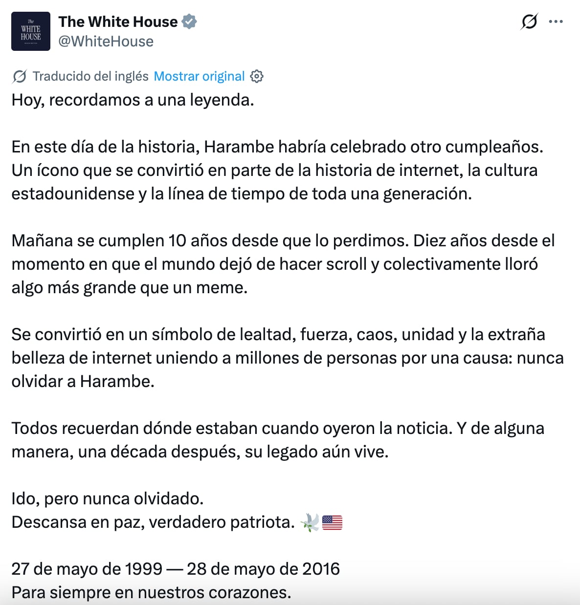 La Casa Blanca rinde un homenaje a Harambe al dedicarle una publicación en sus redes sociales