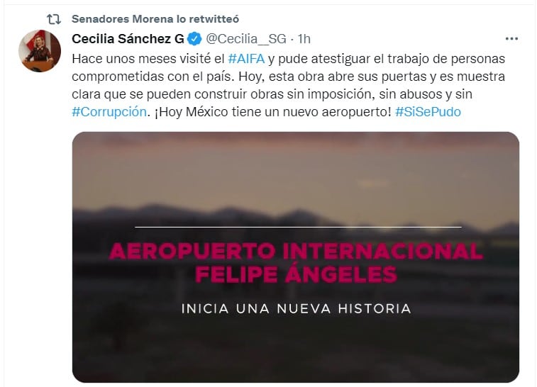 Tuit de la senadora Cecilia Sánchez
