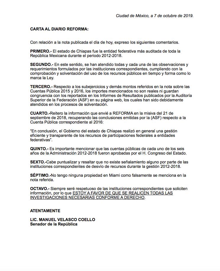 Carta del senador Manuel Velasco Coello