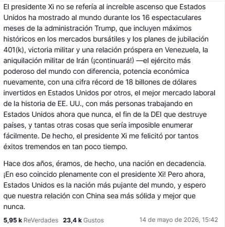 Donald Trump habla de los dichos de Xi Jinping sobre un declive en Estados Unidos.