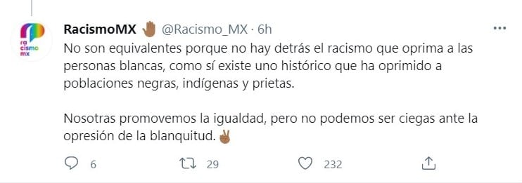 Publicación de Twitter - @Racismo_MX