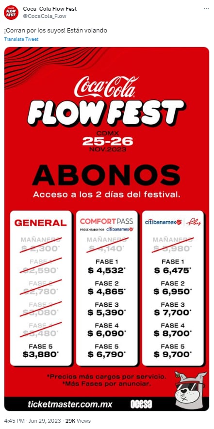 Precios de la fase 5 del Coca Cola Flow Fest 2023