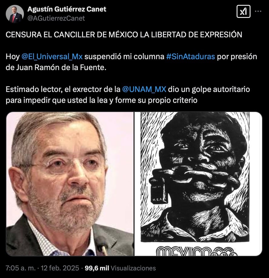 Agustín Gutiérrez Canet culpa a Juan Ramón de la Fuente de la suspensión de su columna en El Universal