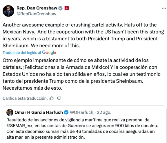 Dan Crenshaw celebra resultados de cooperación entre gobiernos de Claudia Sheinbaum y Donald Trump