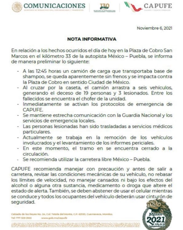 Comunicado de Capufe por el accidente en la autopista México - Puebla de hoy 6 de noviembre