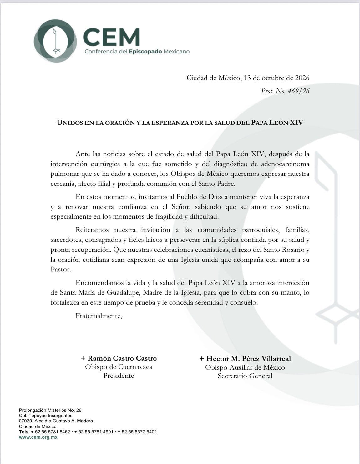 Comunicado de la CEM sobre la salud del papa León XIV
