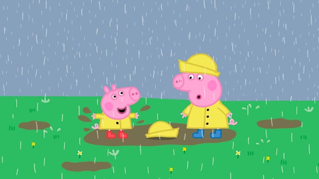 George, hermano de Peppa Pig, en la lluvia
