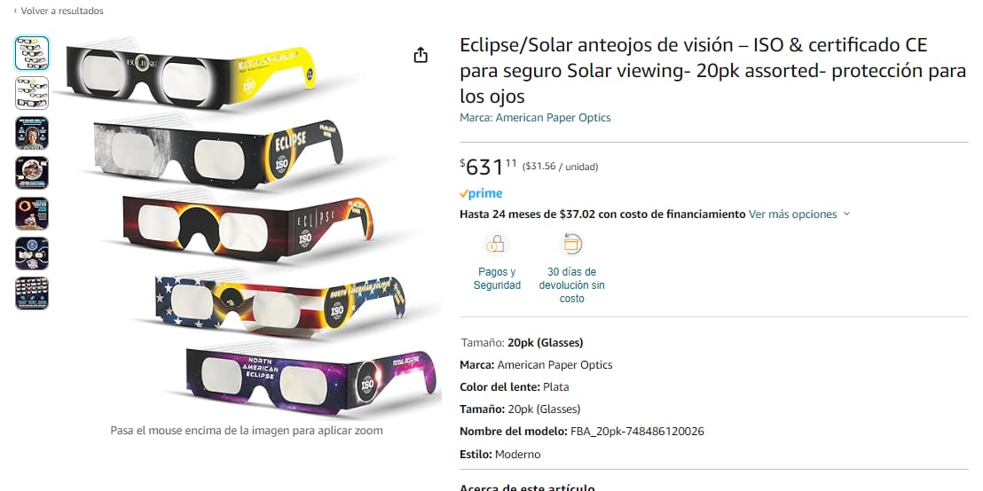 Lentes en Amazon para ver el eclipse