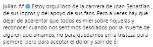 Mensaje que Julián Figueroa dejó un día antes de su muerte, dedicado a Joan Sebastian.