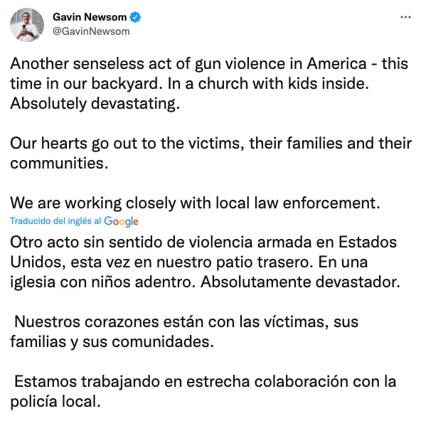 Gobernador de California lamenta tiroteo en iglesia de Sacramento