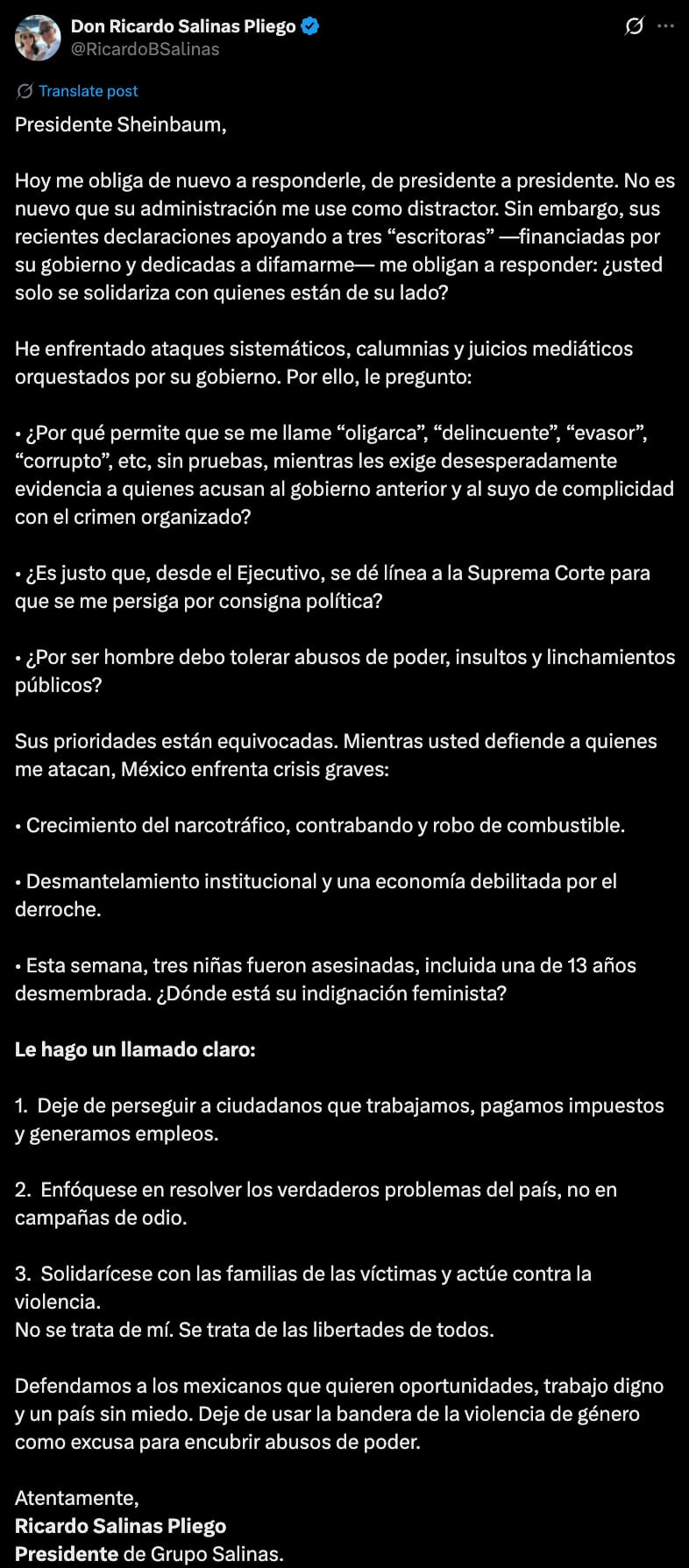 Ricardo Salinas Pliego responde a Claudia Sheinbaum.
