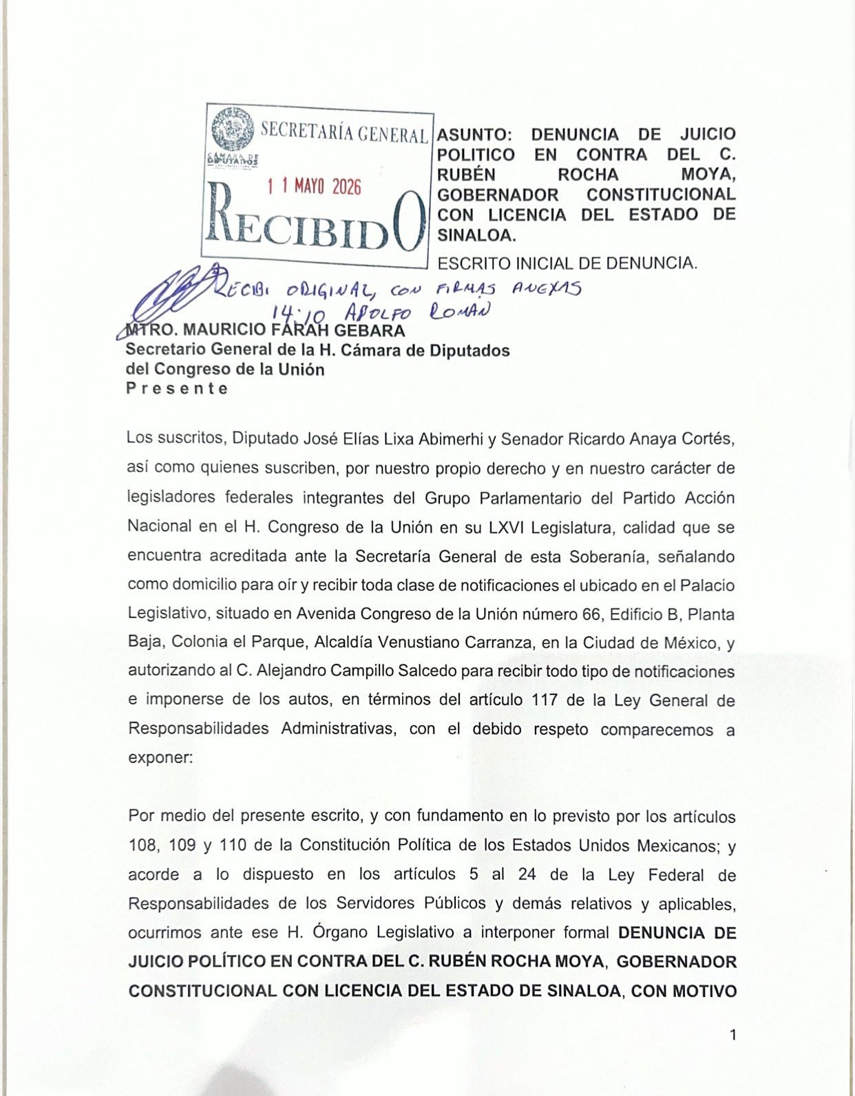 PAN solicita juicio político contra Rubén Rocha Moya