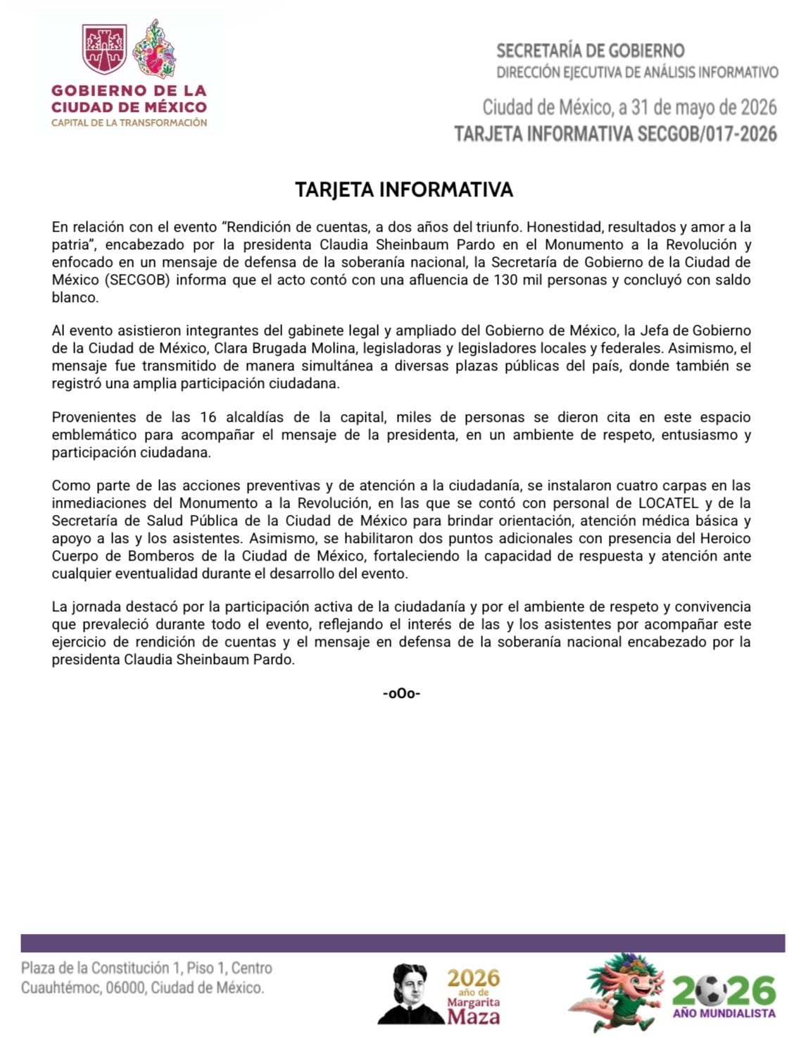 Comunicado sobre asistencia al informe de Claudia Sheinbaum en CDMX.