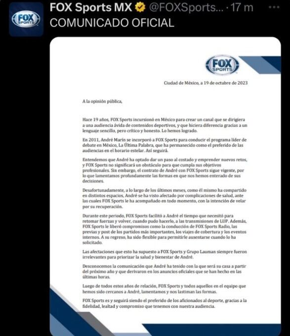Fox Sports lanzó este comunicado enardecido tras la salida de André Marín, sin embargo, lo borró al instante.
