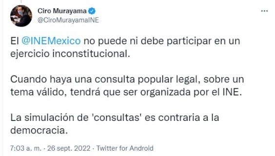 Ciro Murayama responde a AMLO: la simulación de consultas es contraria a la democracia