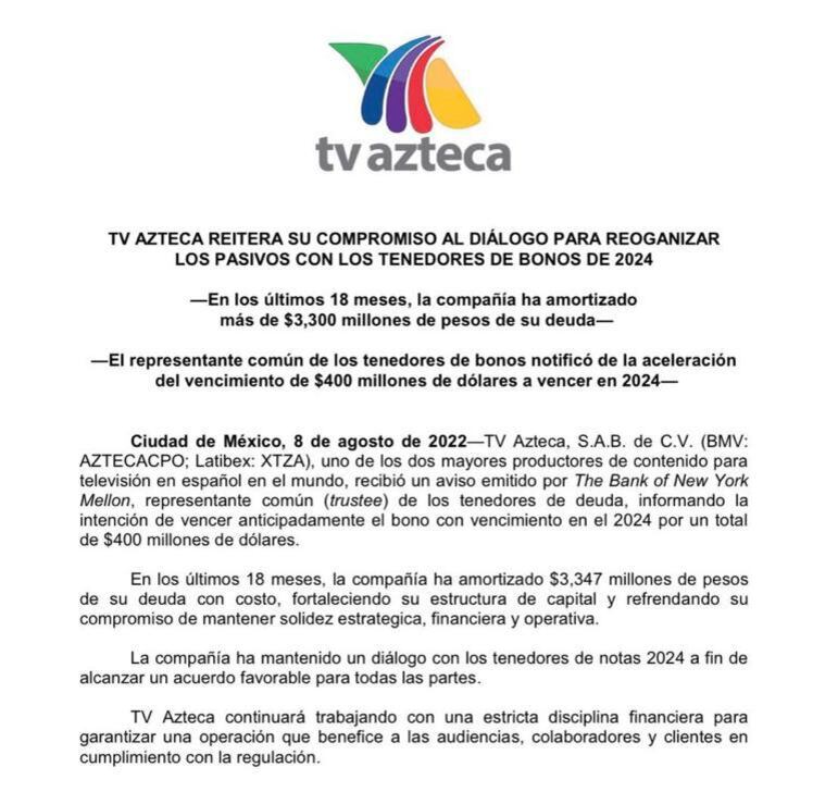 Comunicado TV Azteca