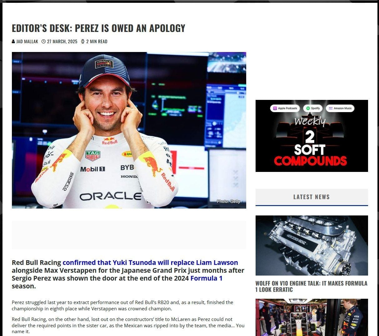 Portal inglés se disculpó con Checo Pérez.