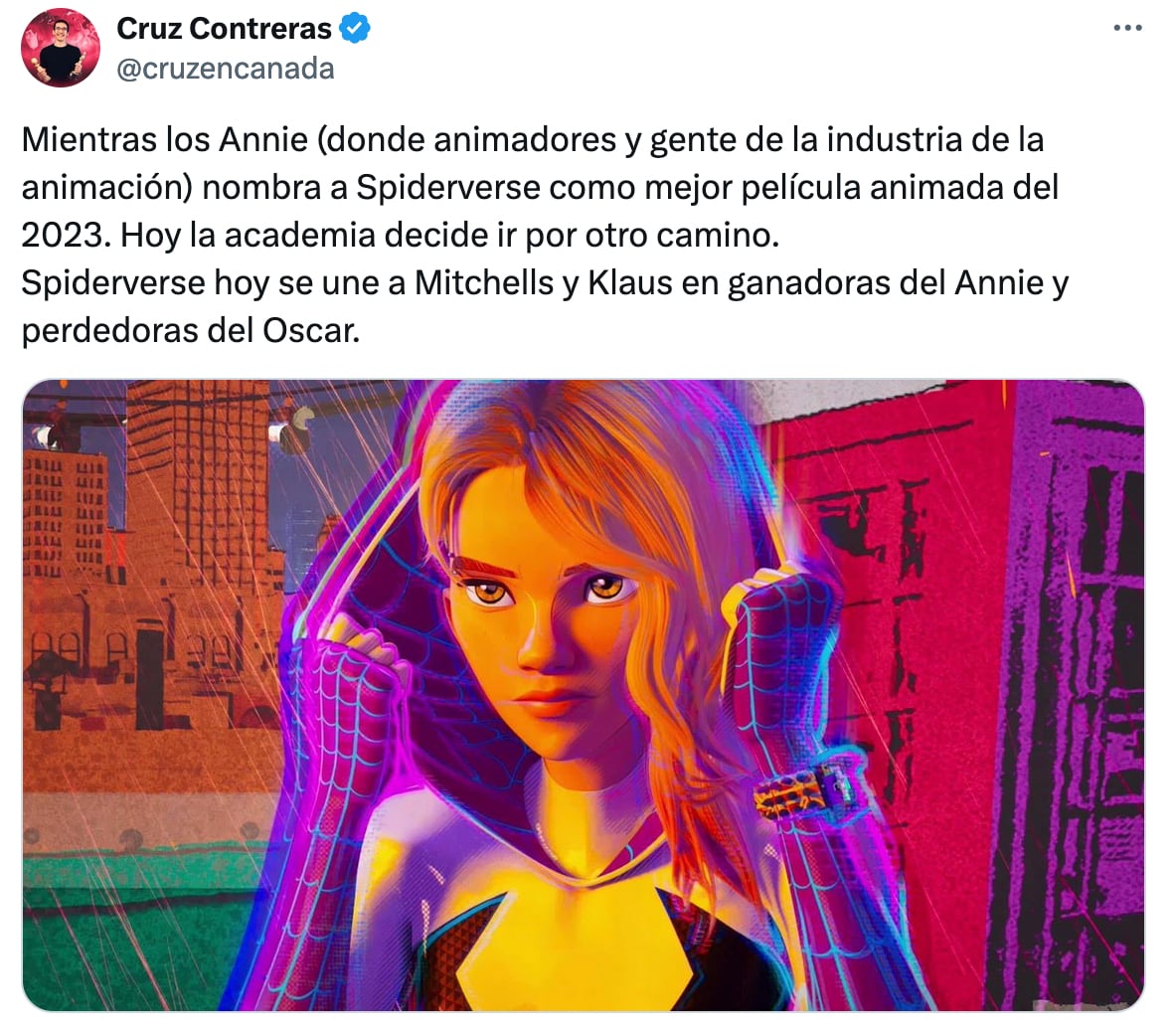 Cruz Contreras sobre Spider-Man: Across the Spider-Verse en los Premios Oscar 2024