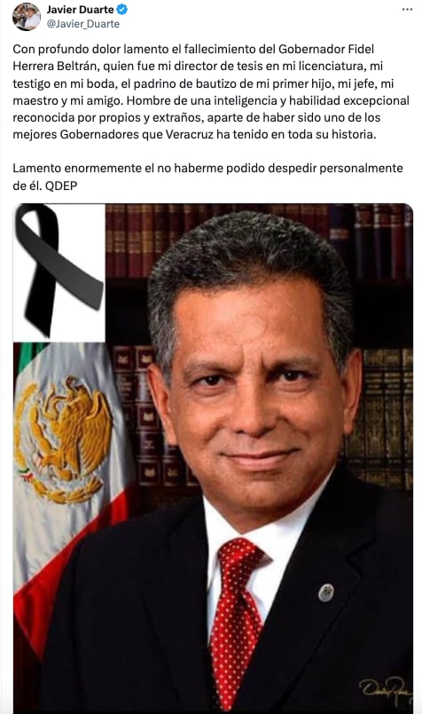 Javier Duarte lamente muerte de Fidel Herrera