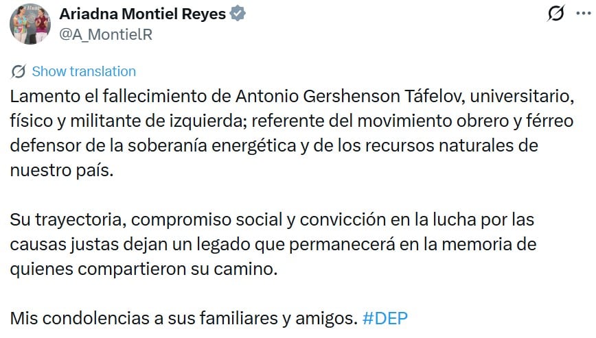 Despide Ariadna Montiel a Antonio Gershenson con mensaje de reconocimiento