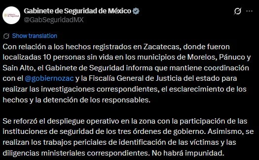 Gabinete de Seguridad investiga hallazgo de 10 personas asesinadas en Zacatecas