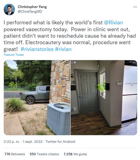 Tuit del Dr. Christopher Yang anunciado que hizo vasectomía usando camioneta eléctrica